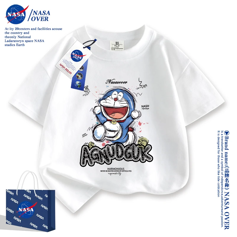 NASA 纯棉夏季男童短袖T恤中大童儿童2025新款哆啦A梦印花上衣
