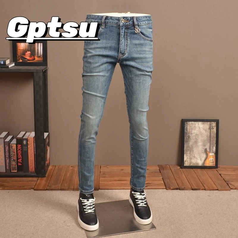 GPTSu新款夏季薄款牛仔裤男潮牌弹力修身小脚复古水洗高端休闲裤