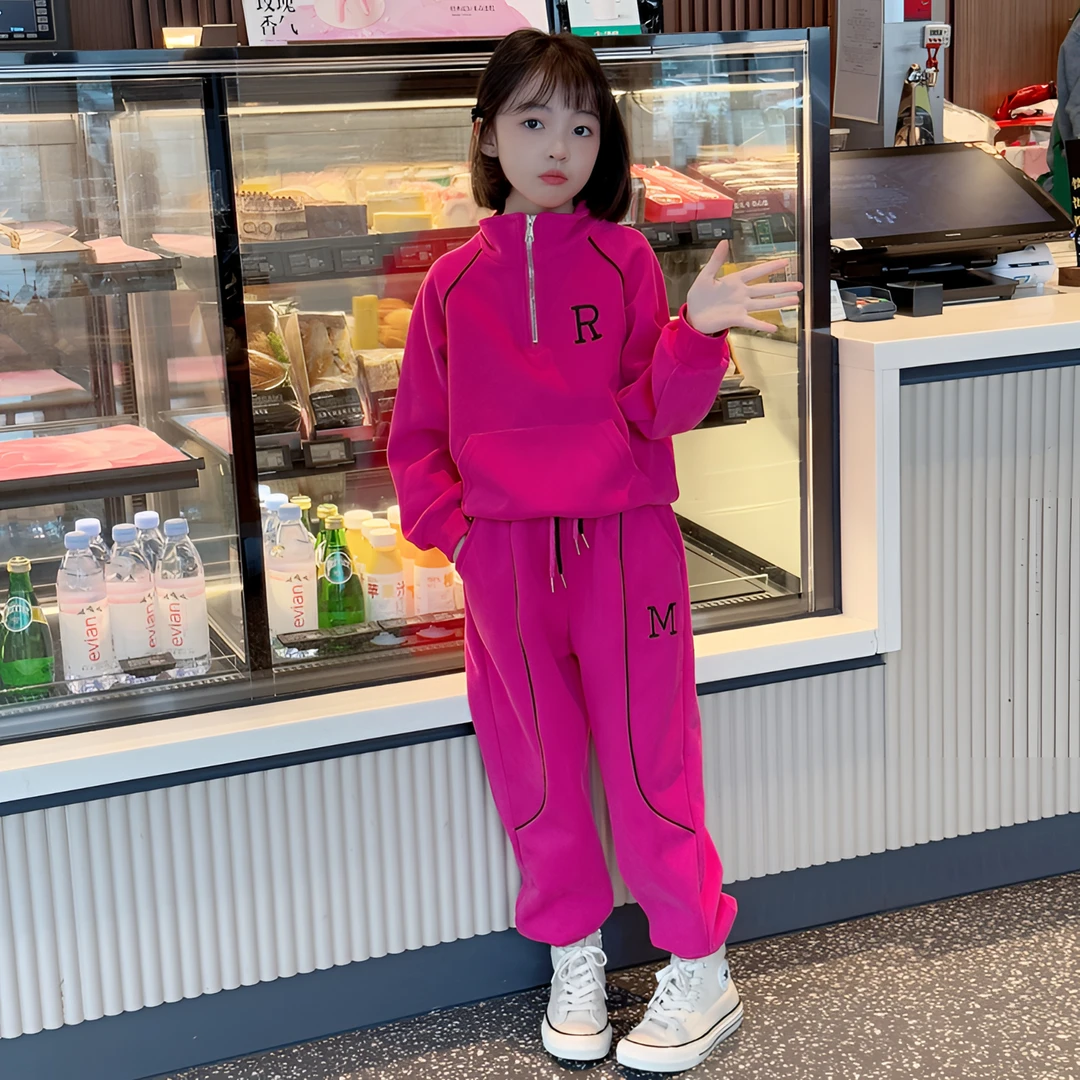 春秋新款韩版刺绣女童中大童洋气经典运动休闲套装时尚童装宽松