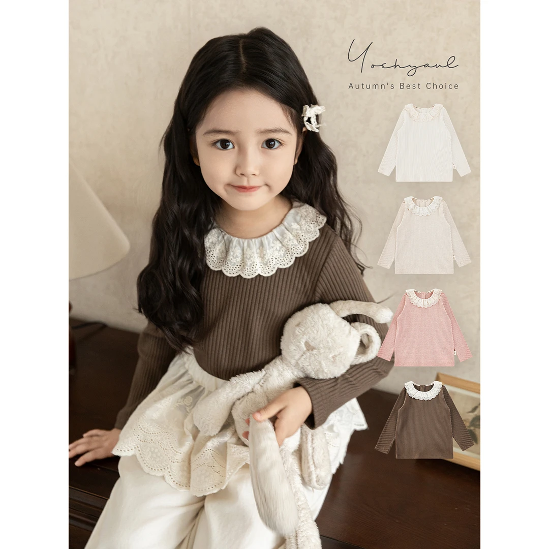 YOEHYAUL/幼悠 秋叁波【弹弹超人】蕾丝花边领细腻坑条打底衫 Q4244