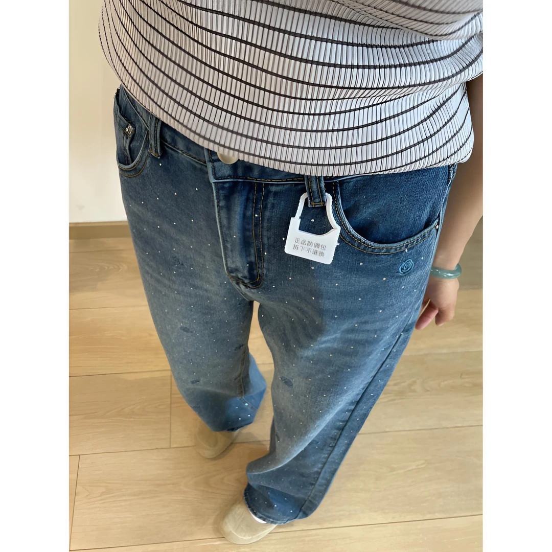 刺绣烫钻窄版直筒牛仔裤女夏季新款大码高腰显瘦九分牛仔阔腿裤