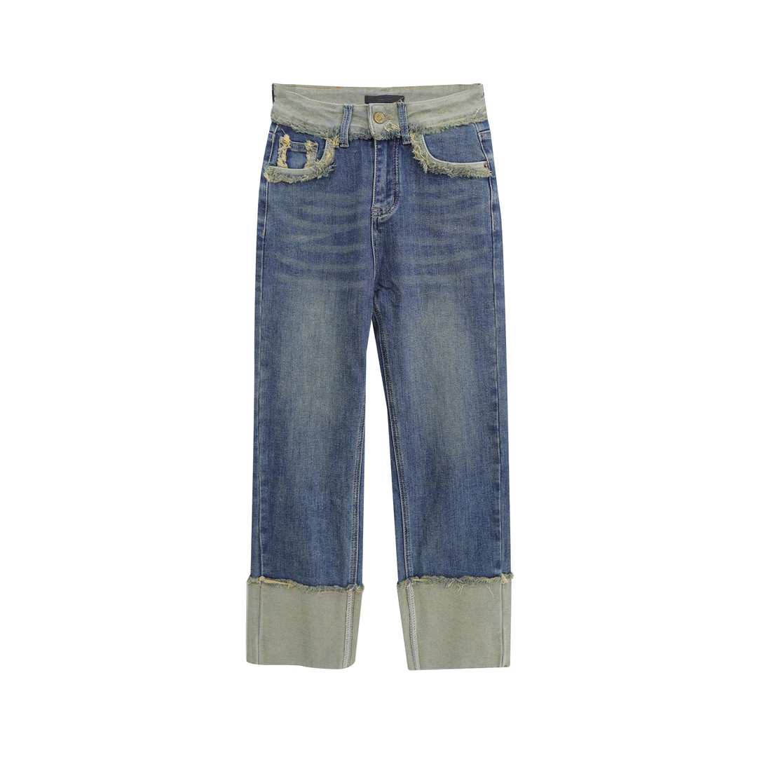 直筒做旧拼接毛边时尚潮流休闲裤C12048