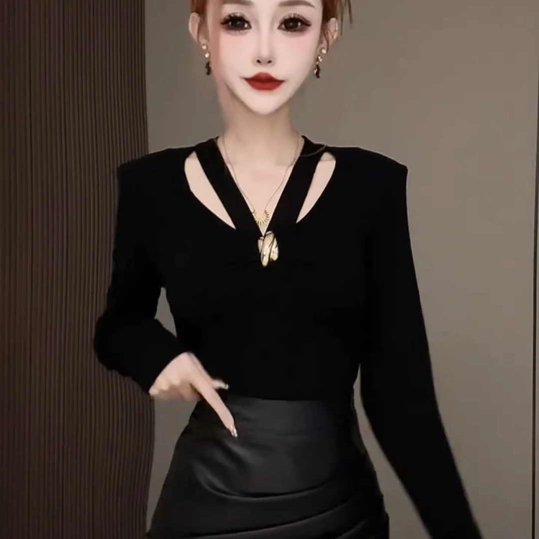 拼接常规款女针织V领长袖吸汗T恤百搭女士高领网红