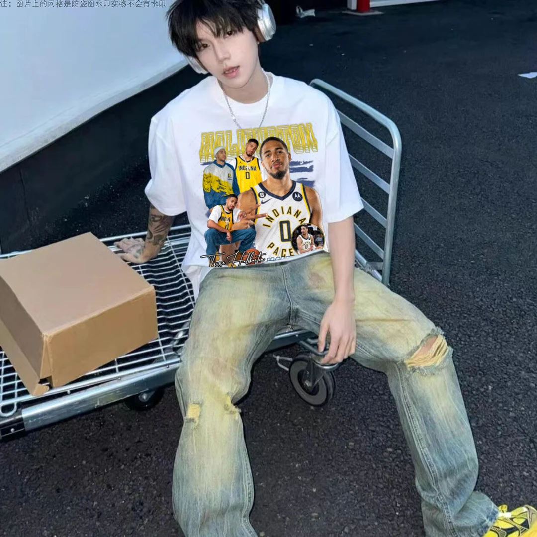 泰里斯哈利伯顿印花数码直喷美式街头短袖vintage风宽松运动衫