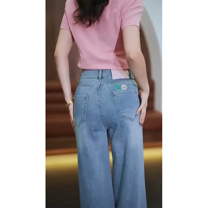 2025夏新款大码复古刺绣阔腿牛仔裤梨形身材高腰垂感显瘦直筒裤女
