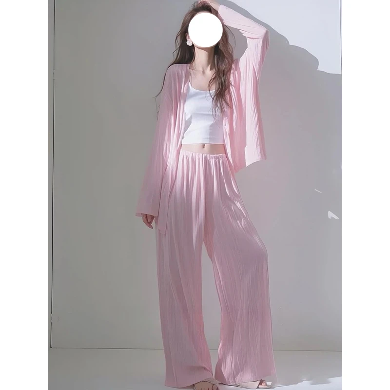 2025春装搭配一整套高级松弛感韩系风格嫩粉色衬衫阔腿裤套装