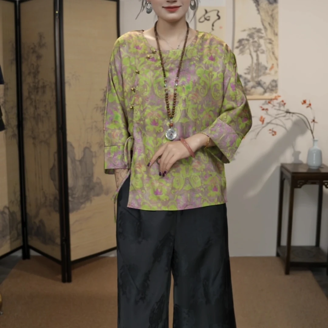 【春香】长袖薄款常规提花圆领斜襟上衣春秋网红唐装复古百搭女装