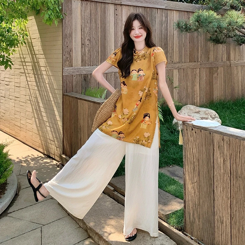 新中式国风立印花上衣透气阔腿裤两件套夏季新款高级时尚气质套装