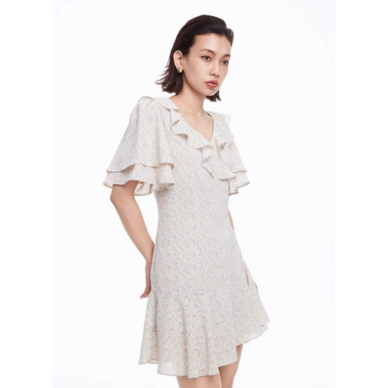【DD外贸】日系品牌 夏季新款 M 气质优雅复古碎花荷叶边连衣裙