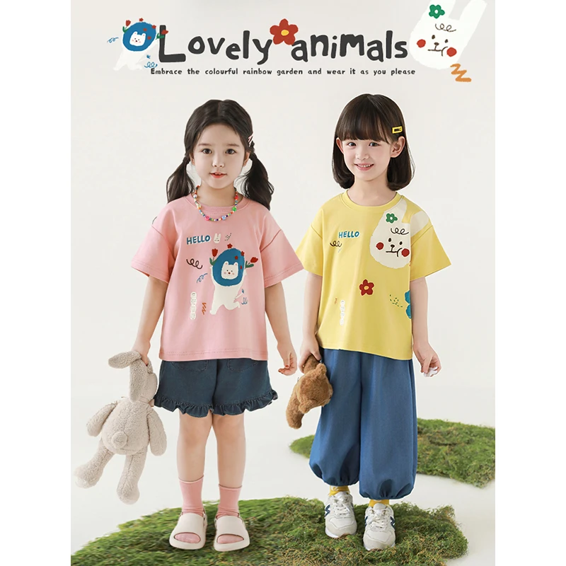 YOEHYAUL/幼悠【童趣小兔】夏叁波时尚女童纯棉两色印花T恤潮 X5117