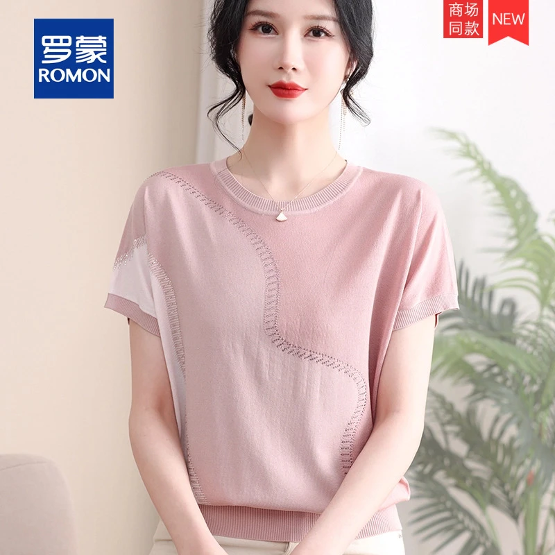 2025新款妈妈夏装洋气冰丝短袖T恤上衣中老年女宽松针织时尚小衫