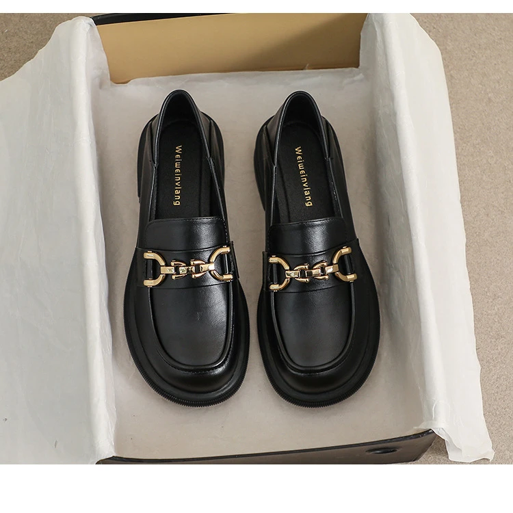 大码软底鞋女2025春秋季新款粗跟英伦风厚底增高一脚蹬黑色小皮鞋