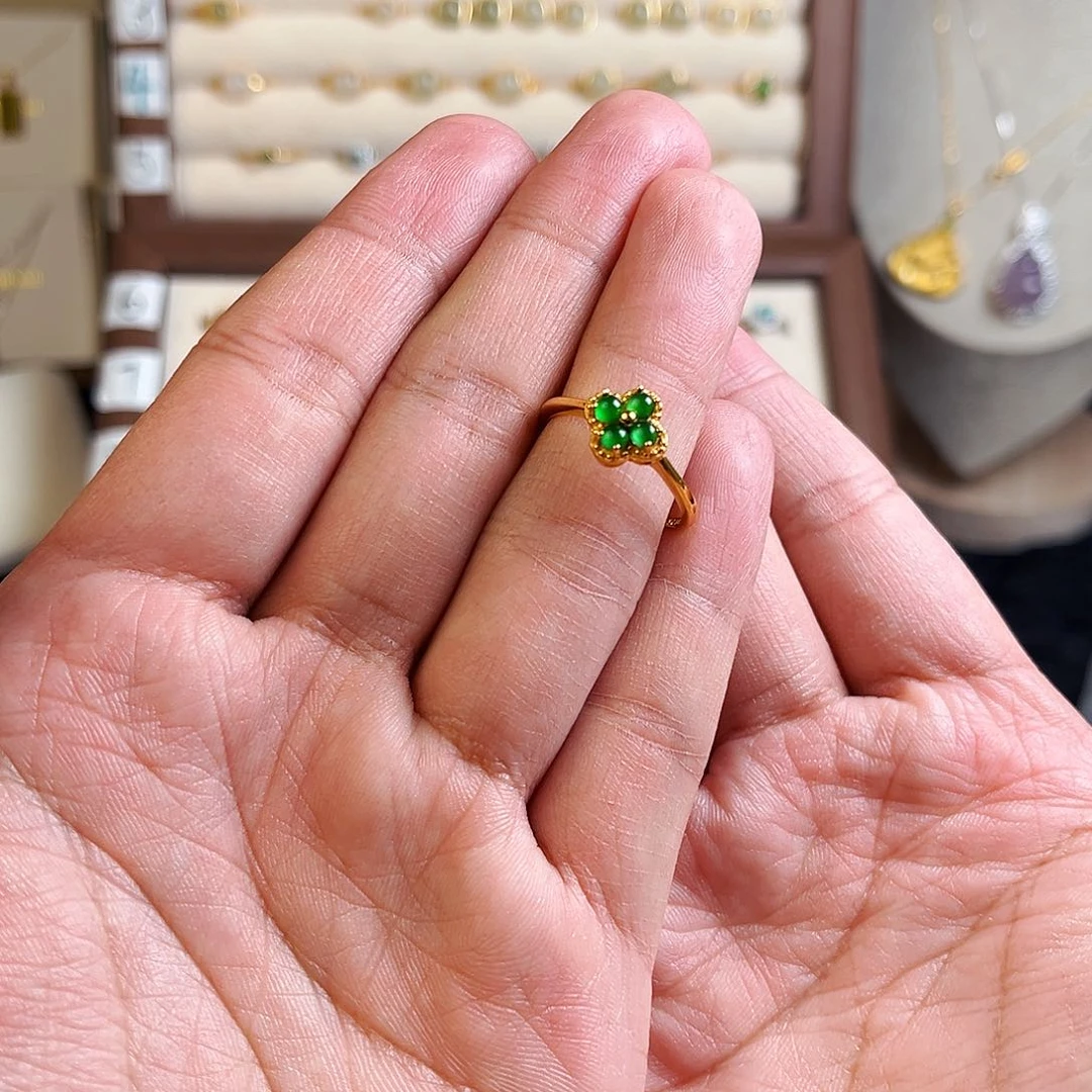 翡翠戒指银S925镶嵌心****霞四叶草