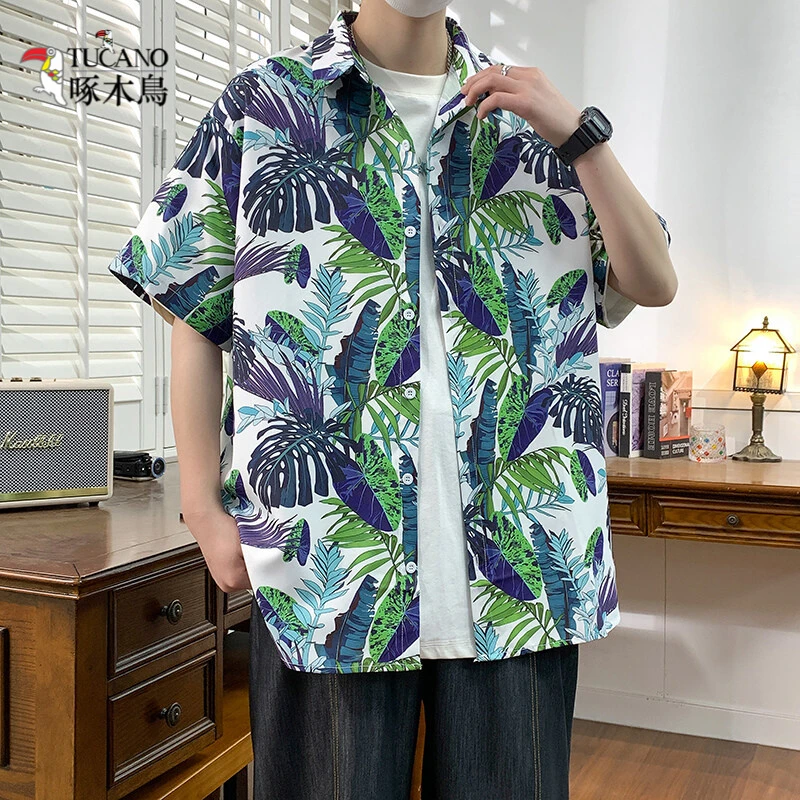 啄木鸟花衬衫短袖男士夏季潮流高级感痞帅宽松海边夏威夷五分袖衬