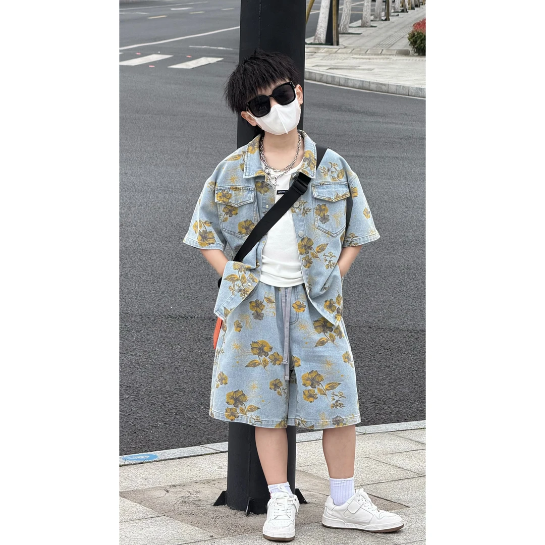 现货THE LUHAN【蓝绸花语】夏季休闲亲子装中大童韩版帅气套装25191