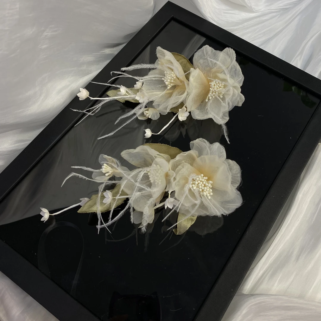 T5775新款灵动绢纱花朵羽毛复古新娘婚纱头饰森系影楼拍照配饰