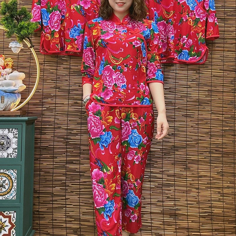 经典牡丹花时尚套装春夏民族风妈妈装中袖旗袍上衣洋气显瘦两件套