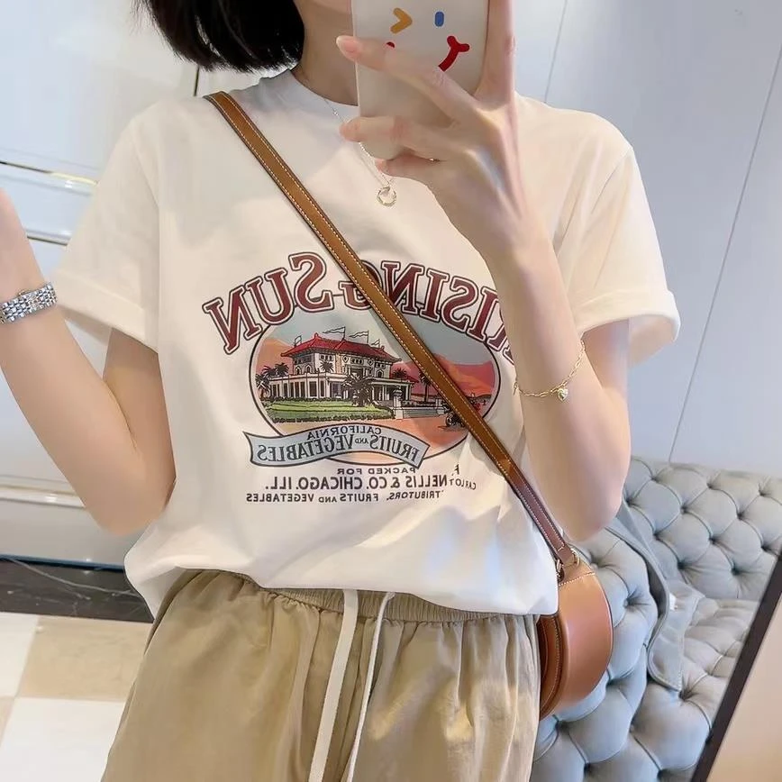 哥弟阿玛施正品夏季新款洋气棉混短袖t恤女ins潮时尚减龄半袖宽松