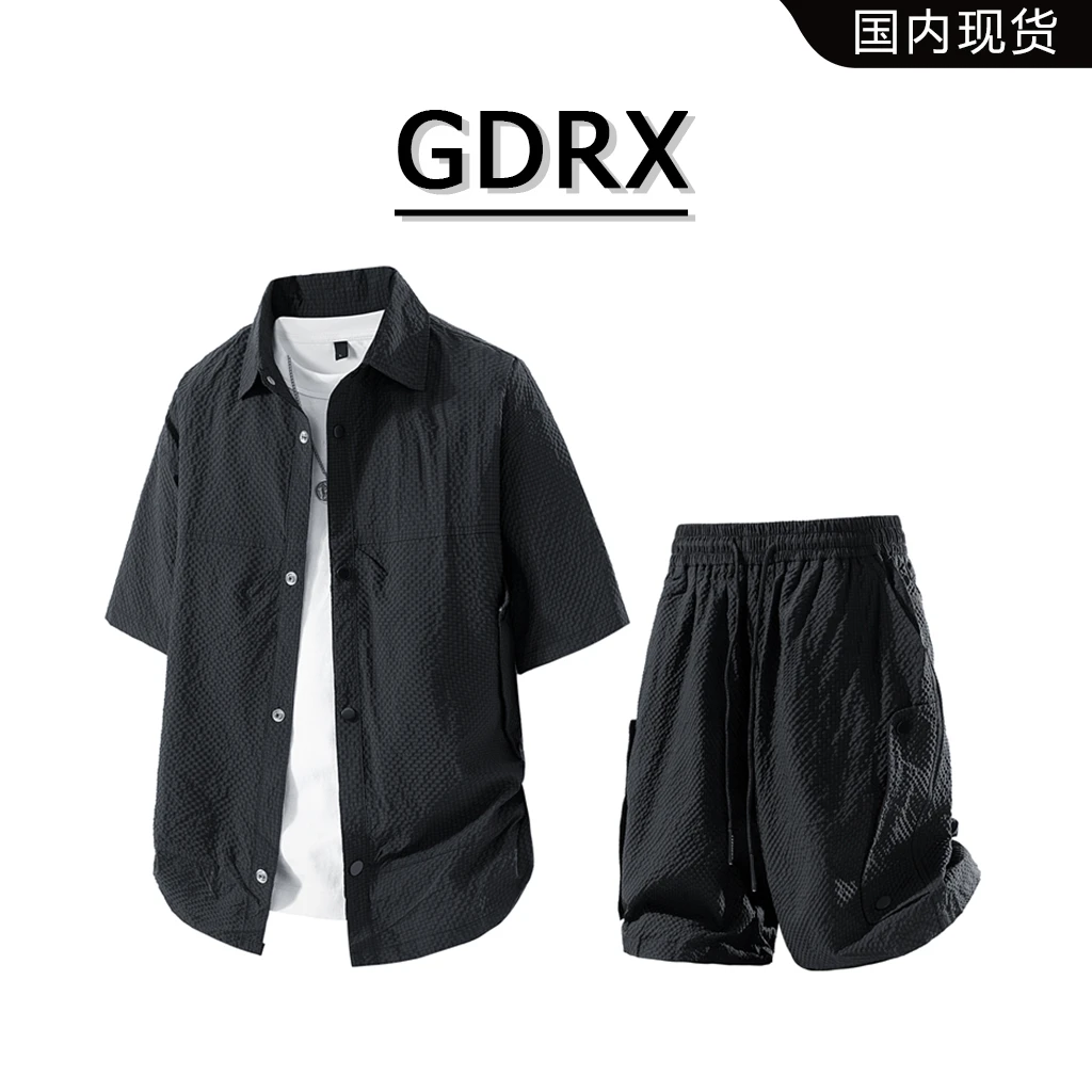 GDRX美式大码翻领泡泡格衬衫2025夏季新款男士休闲衬衣短裤两件套