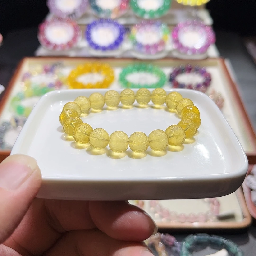 萤石未镶嵌手链金丝雀黄回纹圆珠10mm