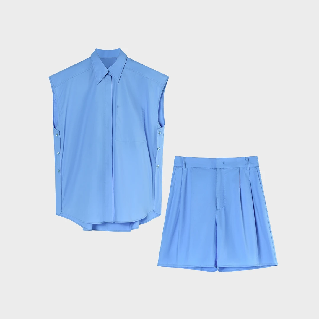 【清】【蓝色海岛】春季新款小飞袖衬衫马甲套装LS20441006