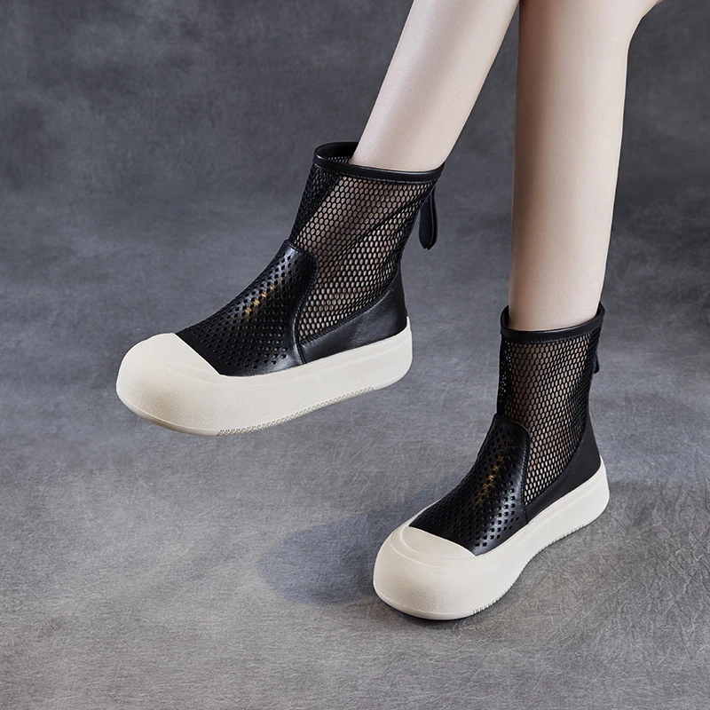 网红爆款厚底凉靴2025春夏新款薄款镂空头层牛皮透气网纱马丁靴女