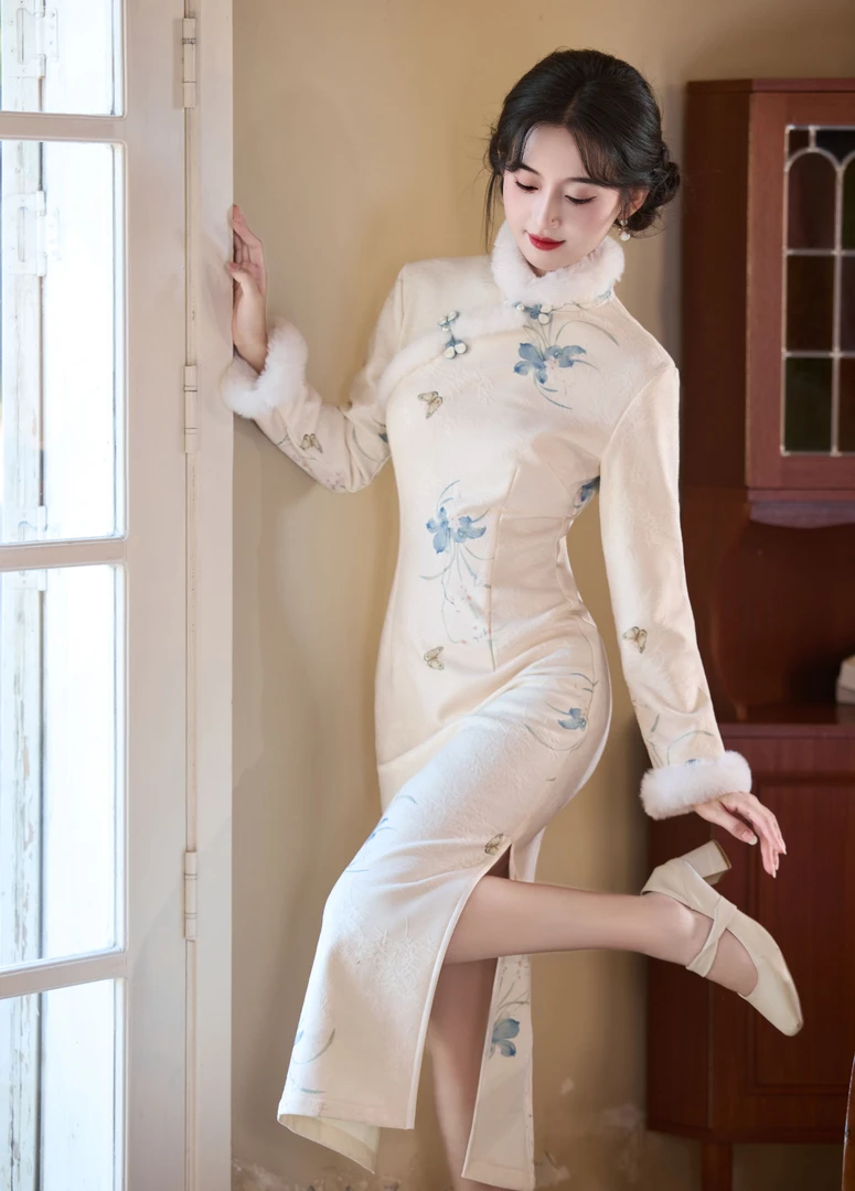 苏故里【兰蝶】冬季新款修身显瘦气质女人味旗袍加绒加厚改良版优雅