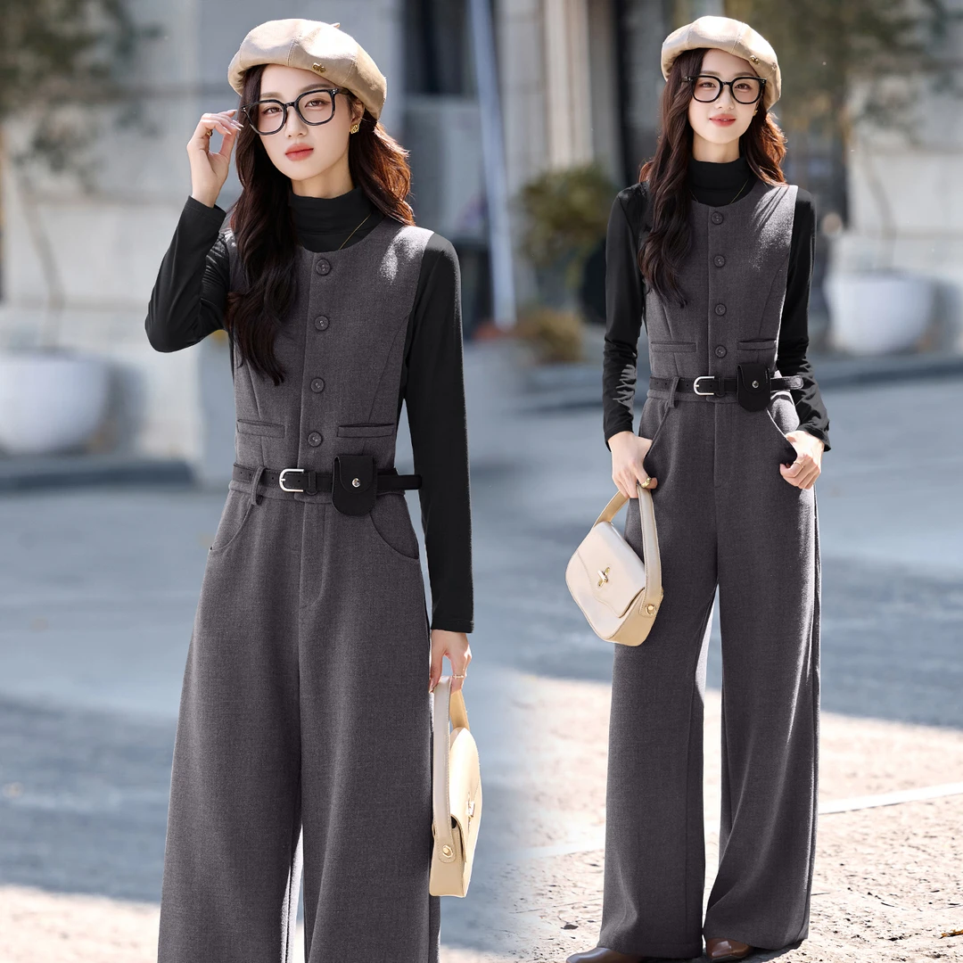 韩系气质女神范毛呢背带阔腿裤2025秋冬新款时尚高腰垂感连体裤潮