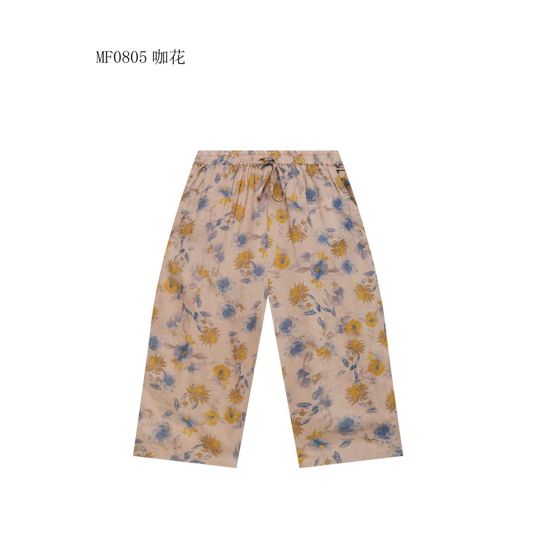 【麻訪家】MF0805咖花文艺印花舒适休闲百搭直筒裤