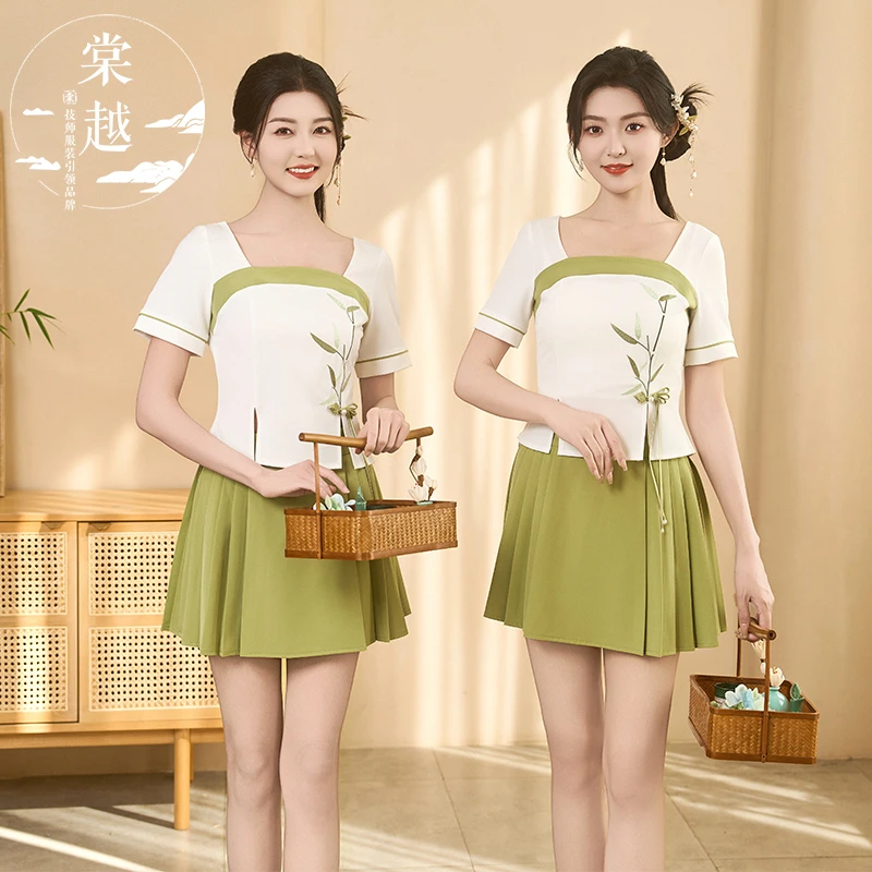 棠越新中式减龄足浴技师工作服气质美容酒店前台接待短裙套装4438