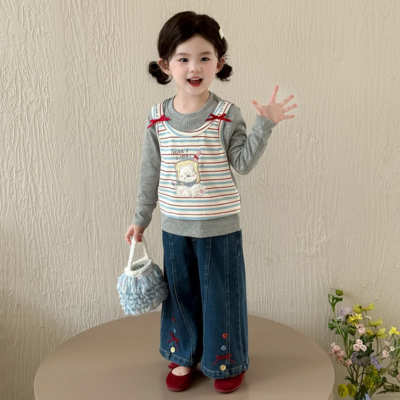 女童套装春秋装2025新款儿童条纹打底衫牛仔裤洋气宝宝韩版两件套