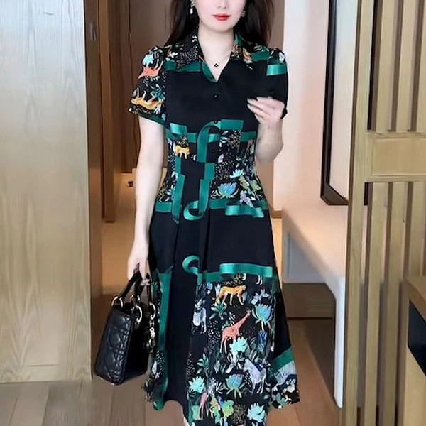 2025年显瘦连衣裙气质百搭大码减龄Q女士夏季翻领短袖中长裙休闲