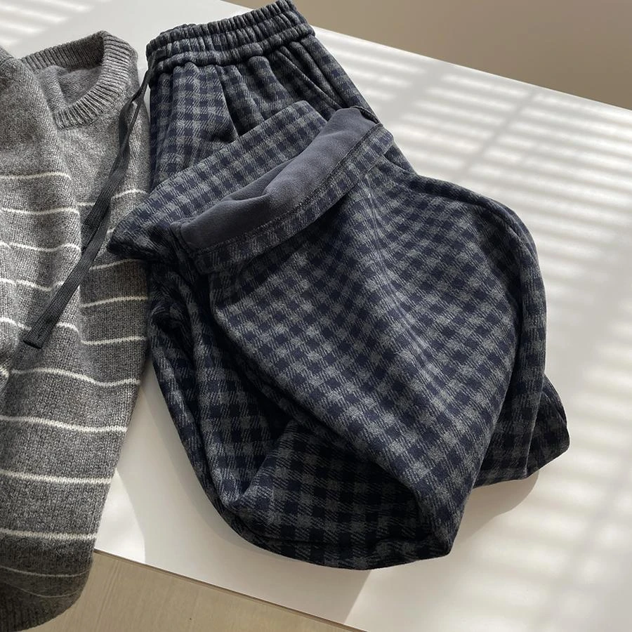 女童秋冬阔腿裤2026新款儿童衣服加绒加厚黑色格纹休闲裤童装反季