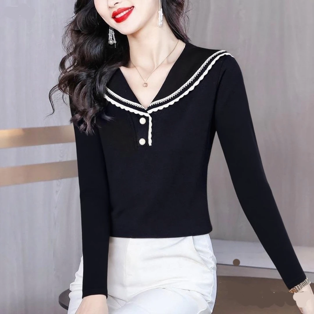 时尚撞色海军领长袖T恤女春秋季2025年新款正肩显瘦洋气减龄上衣