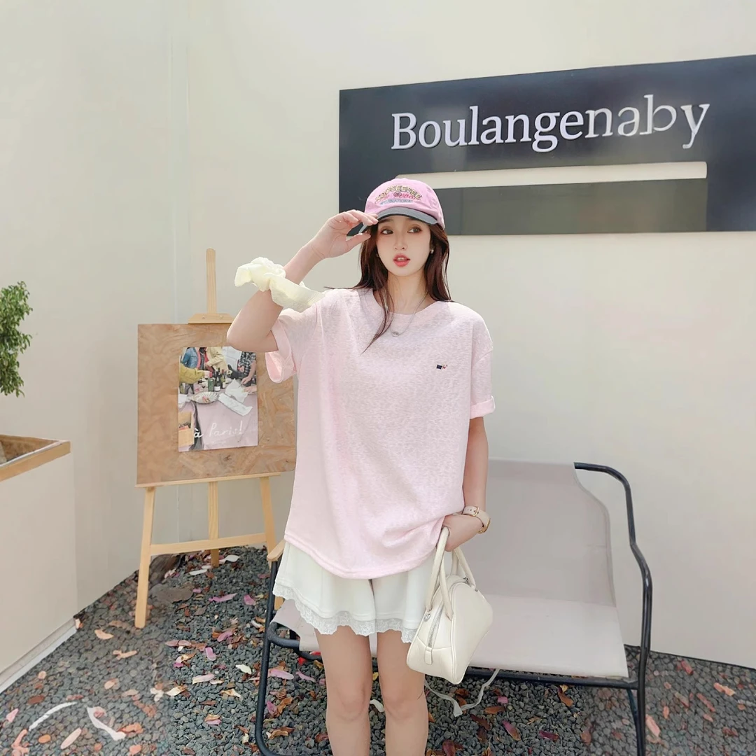 夏季新款短袖女刺绣套头衫休闲纯色圆领T恤上衣夏季纯棉显瘦短袖