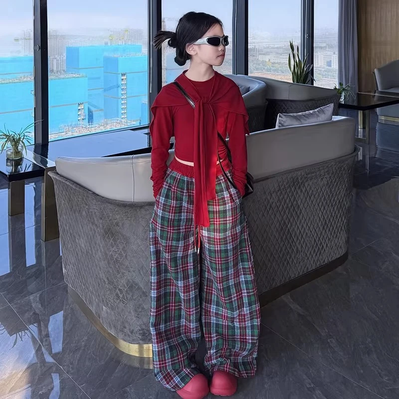 女童韩版辣妹阔腿裤套装春秋2026新款中大童披肩上衣格子拖地裤子
