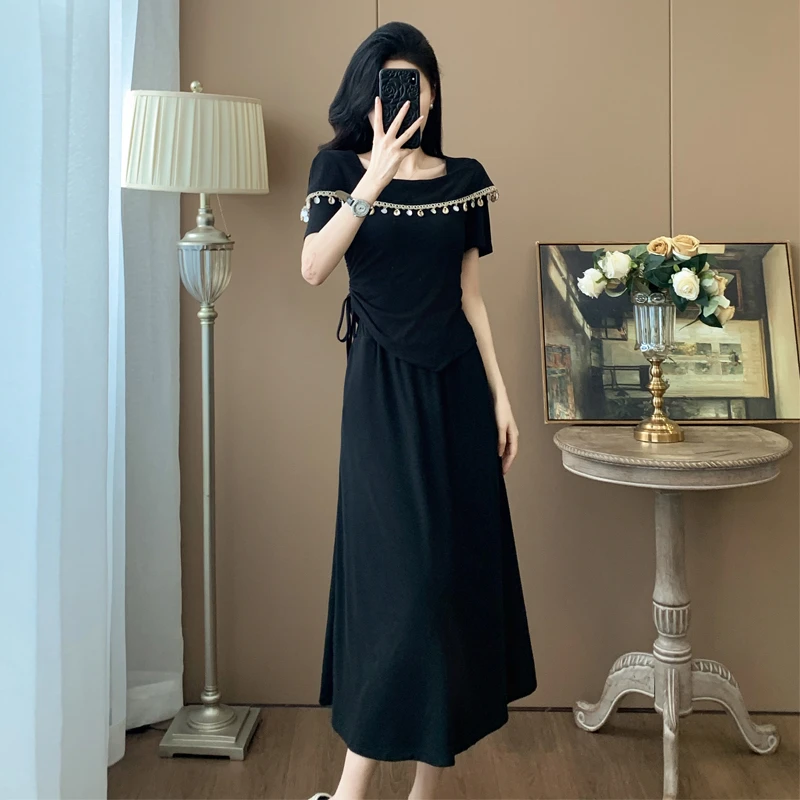 法式假两件套装裙女2025春季新款赫本风气质小黑裙遮肚子显瘦裙子