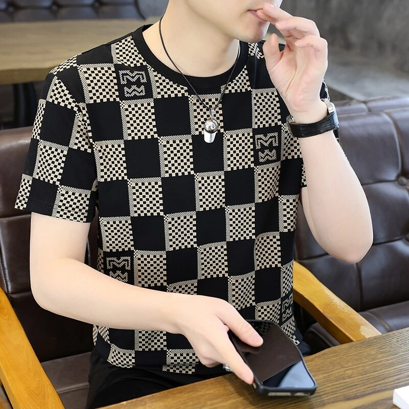 夏季休闲圆领短袖男宽松男士印花韩版时尚运动百搭短袖格子T恤