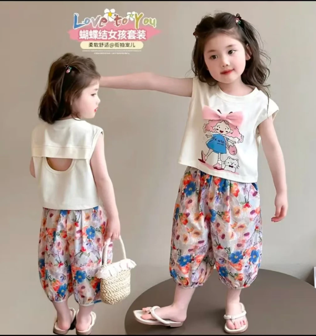 女印花夏季套装休闲宝宝背心9分裤套装常规碎花洋气