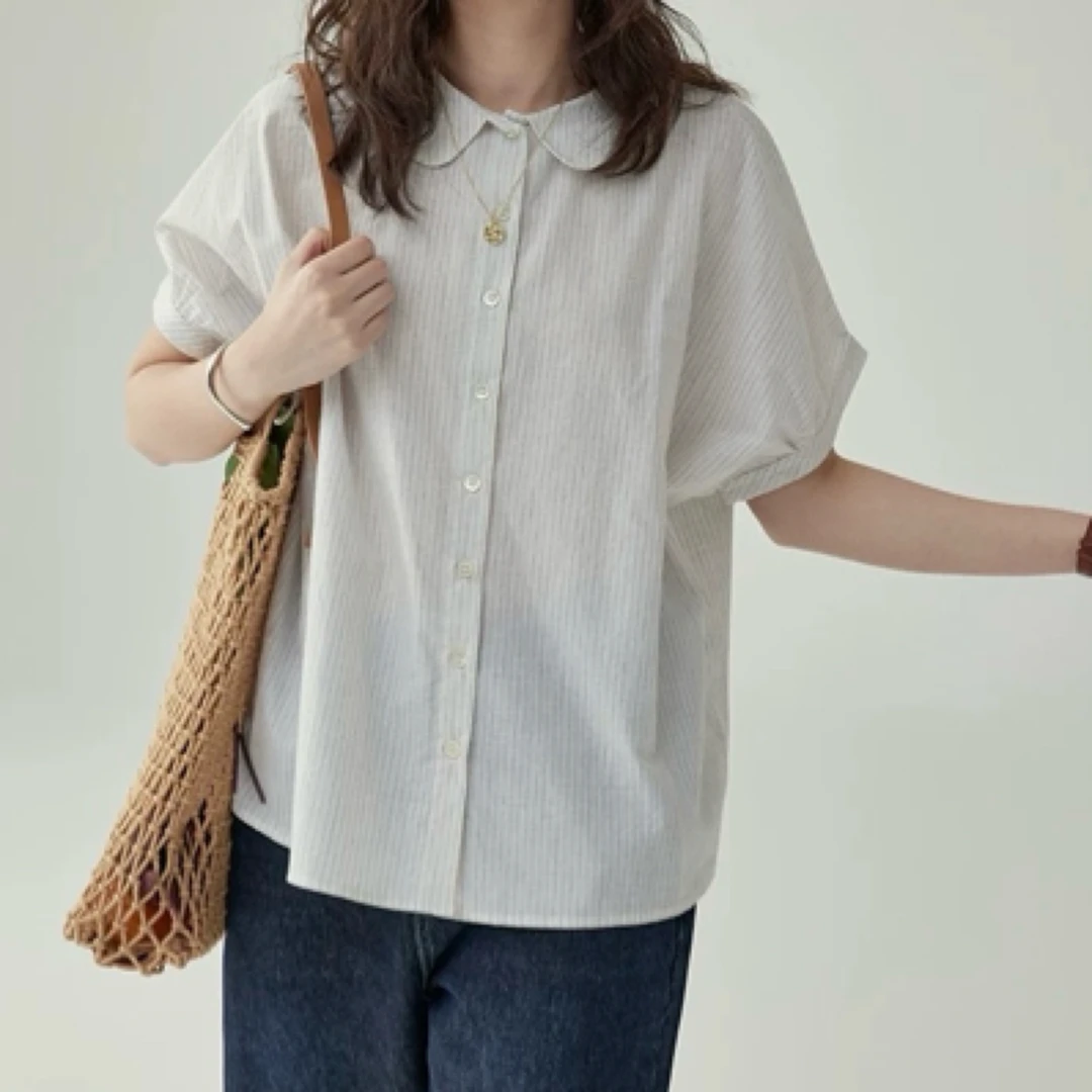 「条纹娃娃领」不，退换2.0版日系减龄百搭休闲短袖衬衫