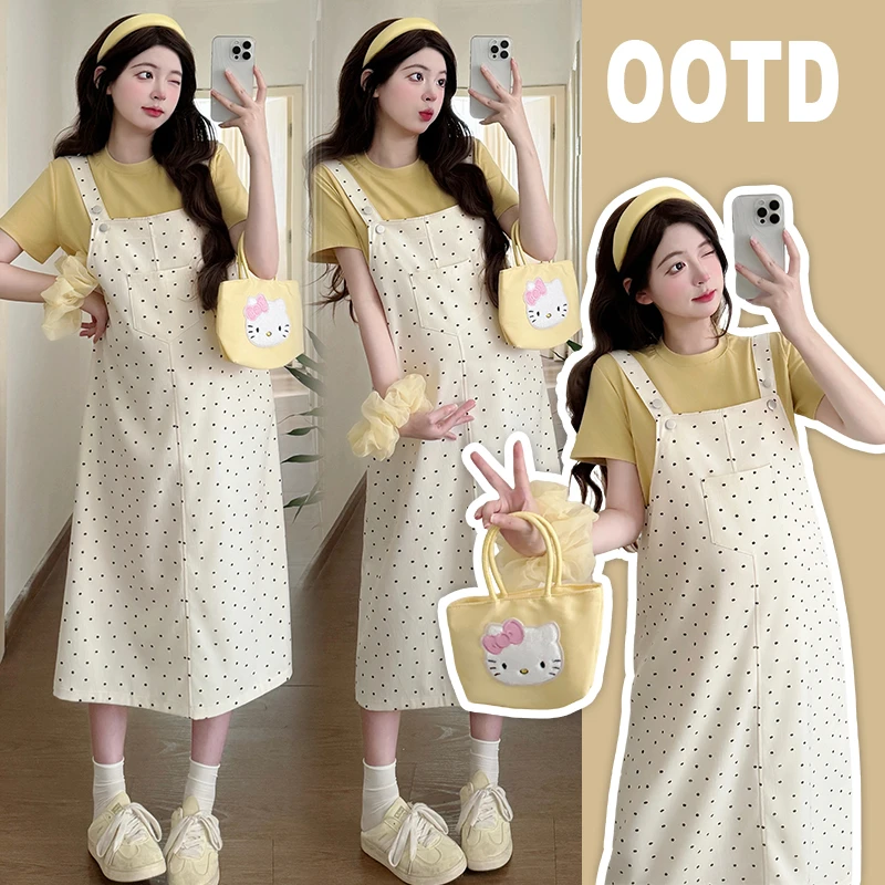 薇莉蔓孕妇夏装2025新款连衣裙减龄韩版外出短袖套装背带裙两件套