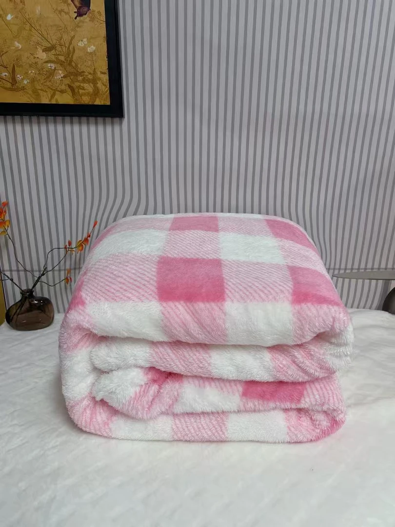【秋冬盖毯】轻奢风粉白色格子多功能加厚毛毯.双面.速热款午睡毯