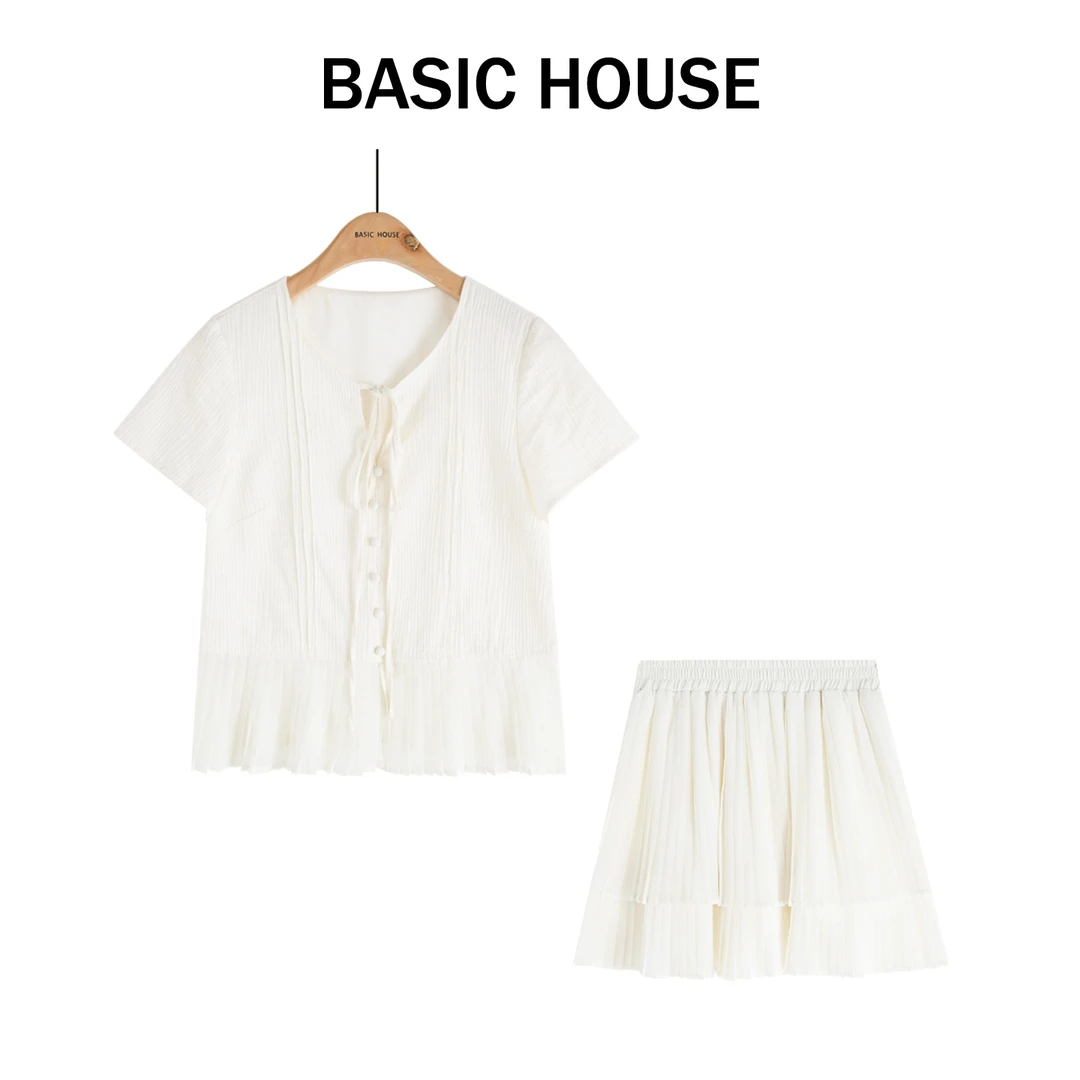 Basic House/百家好气质甜美细带无袖背心压褶套装女B1335B5AVI2