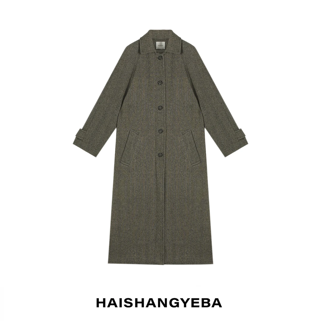 【海上叶爸】新款2025秋冬百搭绵羊毛翻领纽扣长款大衣