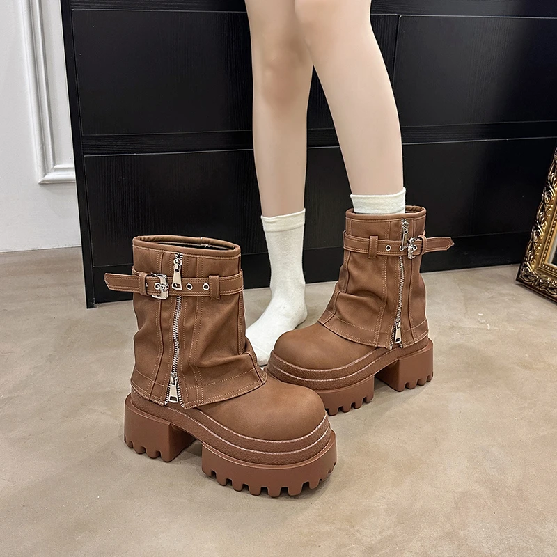 2025秋新款9cm内增高靴子厚底高跟马丁靴百搭松糕短靴显瘦裤管靴