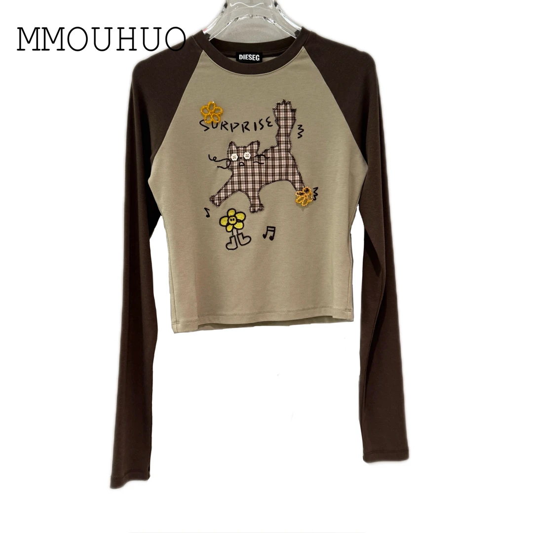深圳MMOUHUO新款猫咪钉珠花朵撞色插肩短款辣妹 T恤