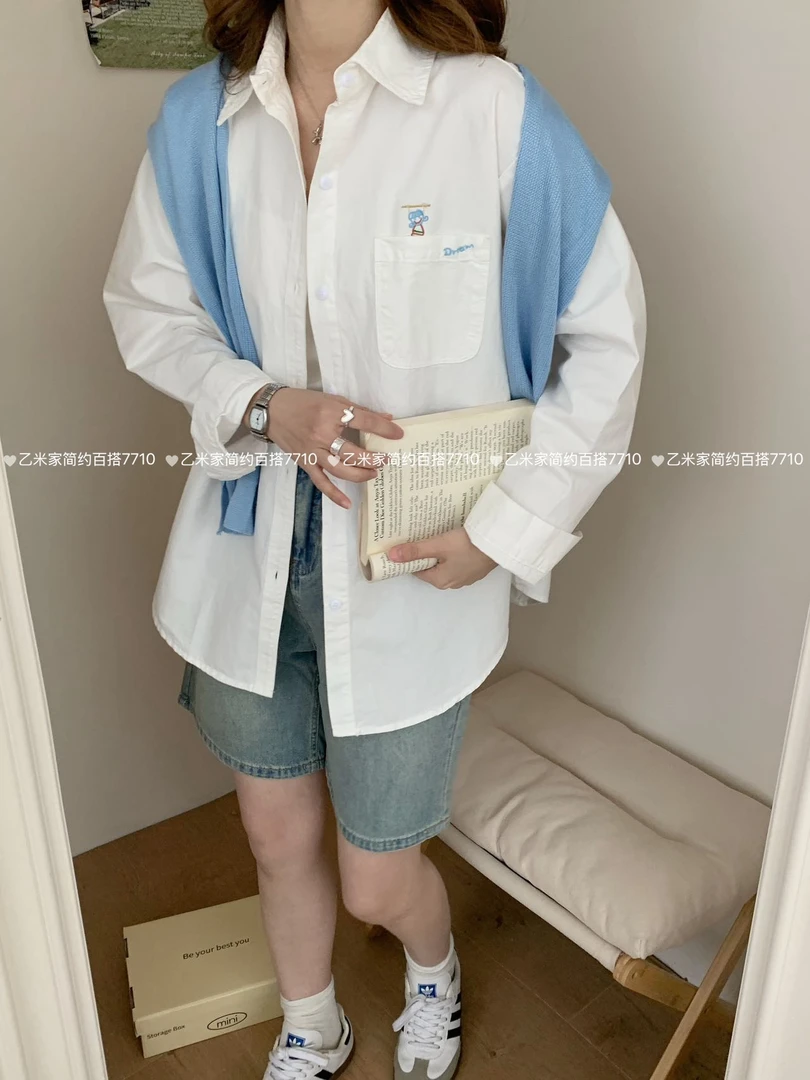 纯棉刺绣设计感长袖衬衫外套女韩版休闲百搭简约纯色宽松慵懒衬衣