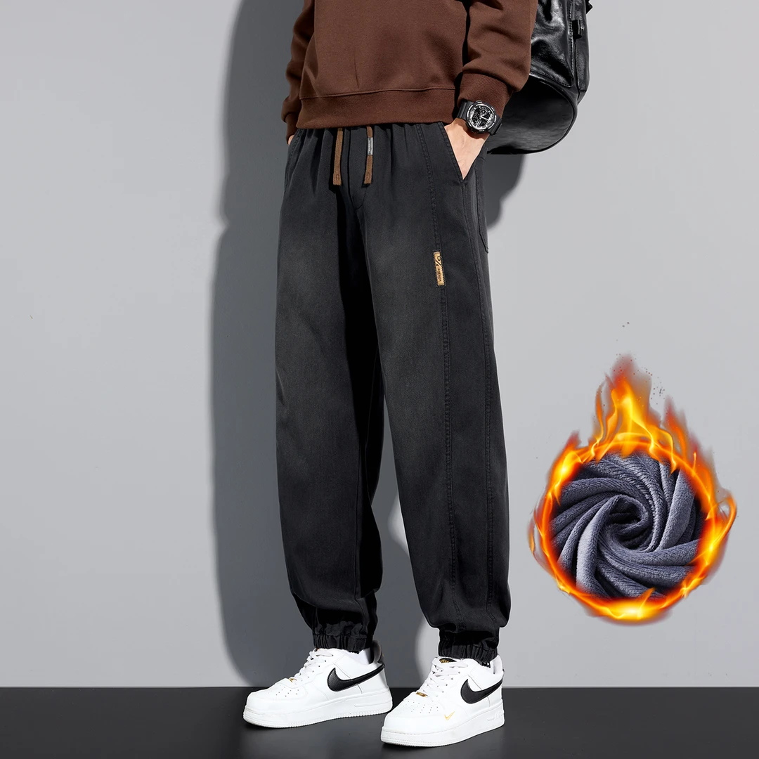 加绒保暖束脚牛仔裤男款2025秋冬新款潮流百搭宽松哈伦休闲裤子男