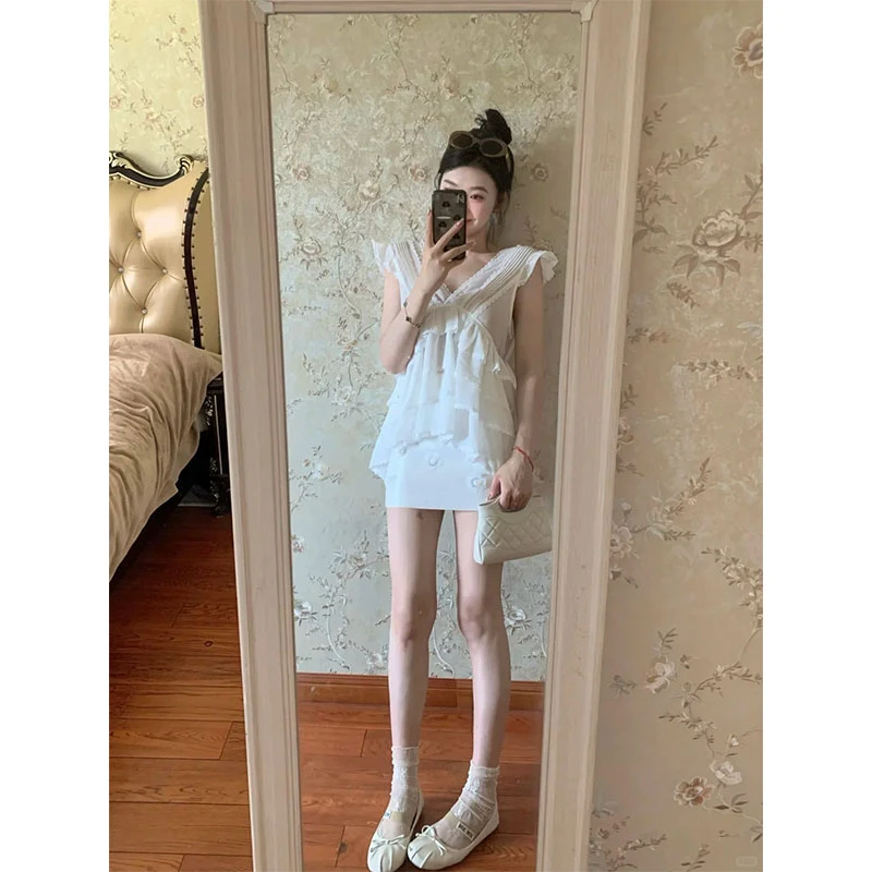 韩系纯欲小个子穿搭休闲百搭V领小飞袖上衣高腰包臀白色半身裙女