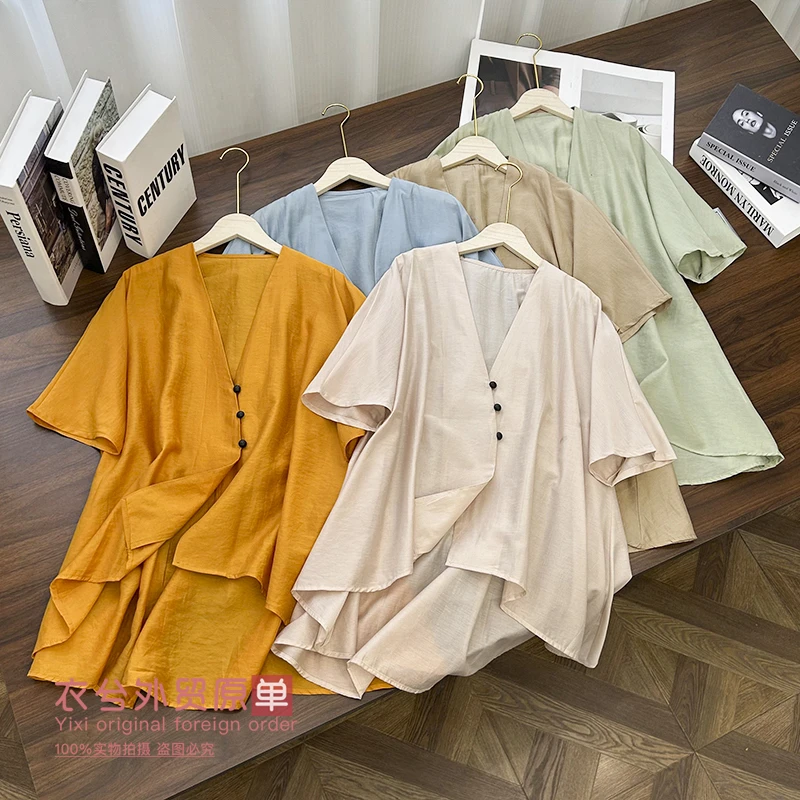 （前短后长文艺款衬衫）DP0643时尚大V领慵懒宽松范设计感衬衫H